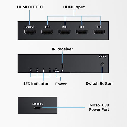 NEWCARE HDMI Switch 4 in 1 Out 4K@60Hz, 4x1 HDMI Splitter Switcher with IR Remote, 4 Port HDMI Selector Box Support HDMI2.0, Dolby Vision/Atmos, HDR10 for Switch, Xbox, PS5/4, Roku, Fire Stick