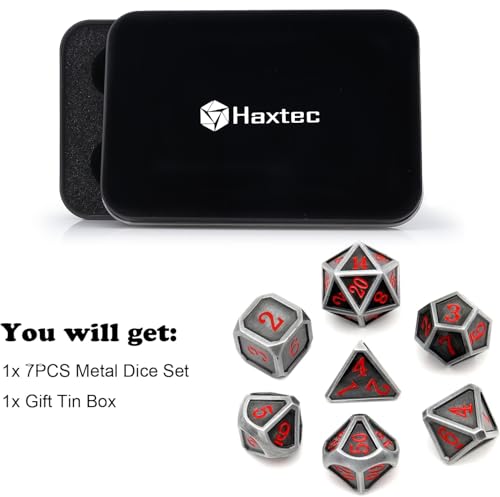 Haxtec Ancient Silver Metal DND Dice Set D&D 7PCS Large Rounded Antiue Iron RPG Dice Red Numbers for Dungeons and Dragons TTRPG Game Gifts',Standard size | Red Numbers D&D with Leather Bag, Compatible with Dungeons and Dragons, Antique Iron Heavy Metallic