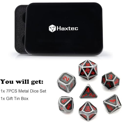 Haxtec Ancient Silver Metal DND Dice Set D&D 7PCS Large Rounded Antiue Iron RPG Dice Red Numbers for Dungeons and Dragons TTRPG Game Gifts',Standard size | Red Numbers D&D with Leather Bag, Compatible with Dungeons and Dragons, Antique Iron Heavy Metallic