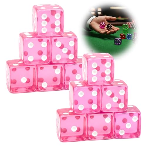 12 Piece 19 mm Casino Style Dice Set, Acrylic Translucent D6 Dice with Square Rounded Edge, Pink for Craps, Table Games, Board Games, RPG, MTG, DND(Pink) - color: Pink