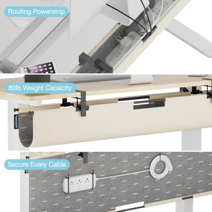 No Drill Under Desk Cable Management Tray, 45.2" Felt Cord Organizer | Clamp or Screw Mount, Converts to Privacy Panel, Pegboard Design, Wire Management for Standing Desk & Home Office - size: 45.2"-Khaki