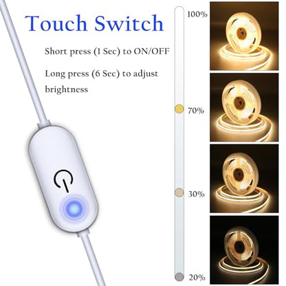 LED Strip Lights, COB Touch Dimmable 5V USB 3000K Warm White (6.56ft/2m) | 640 LEDs, Touch Stepless COB LED Strip, 10W Flexible, Bedroom Kitchen DIY Lighting Room Decor TV Lights - color: 6.56FT/3000K