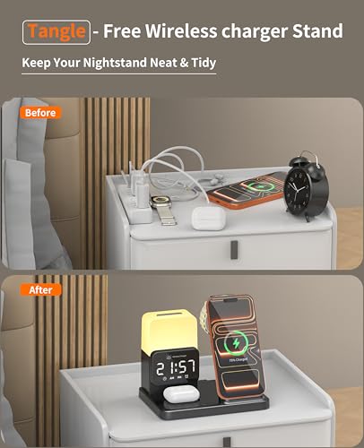 6-in-1 Wireless Charging Station,Charger Stand for Apple Devices for Gifts | for iPhone 17-12 Pro Max Watch Airpods,Wireless Charger iPhone Charging Station with Night Light/Alarm Clock Gifts