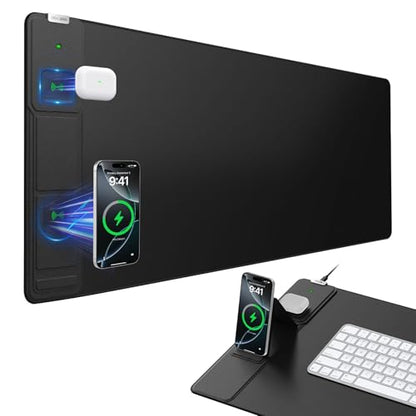 Wireless Charging Mouse Pad with Foldable Phone Holder, 31.5"x15.8", Black | Large Desk Mat for Laptop/Keyboard, Waterproof Ultra-Smooth Surface, Non-Slip Base - color: Black-Phone Holder-31.5"x15.8"