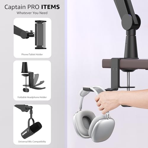 Mic Boom Arm Microphone Arm for Blue Yeti Shure Sm7b Hyperx QuadCast Rode At2020 and Fifine Upgraded Mic Stand with Tablet and Headphone Holder for Gaming Podcasting and Streaming CAPTAIN PRO - color: 3 Pro.