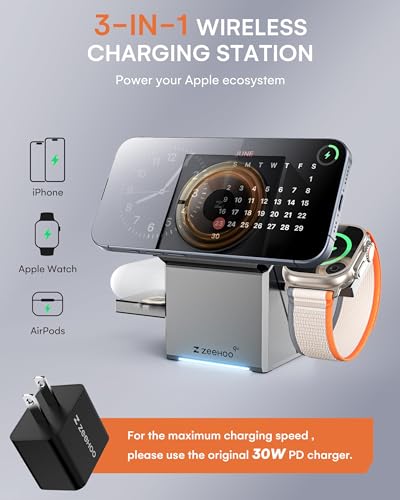 ZEEHOO 3 in 1 Charging Station for Apple, Mag-Safe for iPhone Charger, Qi2 Certified Rotating Wireless Charger Stand for iPhone 17,16,15,14,13,12 Series, Apple Watch, AirPods (USB-C Charger Included) - color: Metal Gray