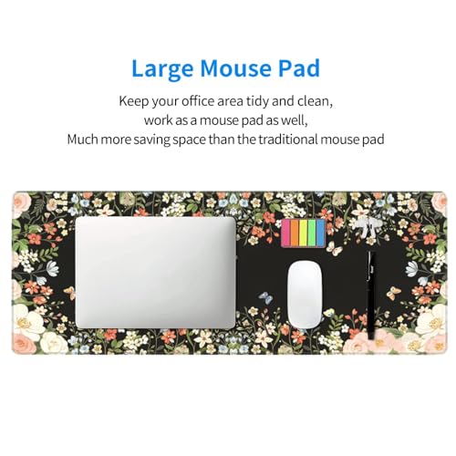 Large Gaming Mouse Pad Desk Mat, Black Girly Floral Extended Keyboard Mouse Pad Mousepad with Non-Slip Base and Stitched Edge Mouse Mat Desk Pad Mouse Pads for Desk Home Office, 31.5 x 11.8 - color: Girly Floral Black