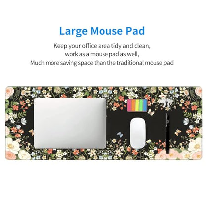 Large Gaming Mouse Pad Desk Mat, Black Girly Floral Extended Keyboard Mouse Pad Mousepad with Non-Slip Base and Stitched Edge Mouse Mat Desk Pad Mouse Pads for Desk Home Office, 31.5 x 11.8 - color: Girly Floral Black