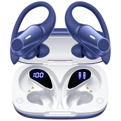 Active Noise Cancelling Ear Buds Wireless Earbuds 80H Playtime Bluetooth Headphones with LED Display Case, Hi-Res Audio Clear Calls Earphones with Over Ear Hooks for Running Gym Workout Travel Blue - color: Blue