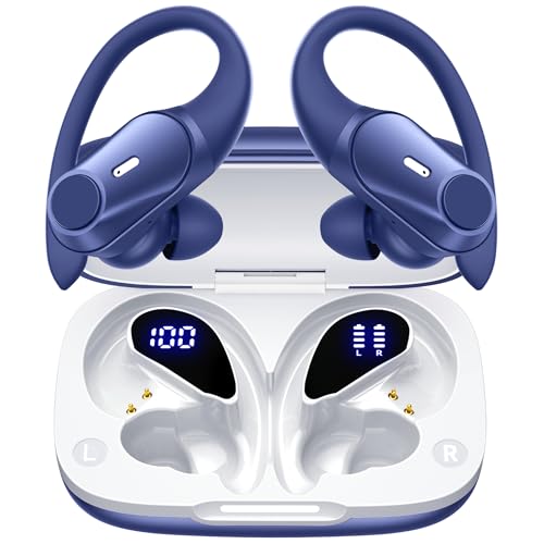 Active Noise Cancelling Ear Buds Wireless Earbuds 80H Playtime Bluetooth Headphones with LED Display Case, Hi-Res Audio Clear Calls Earphones with Over Ear Hooks for Running Gym Workout Travel Blue - color: Blue