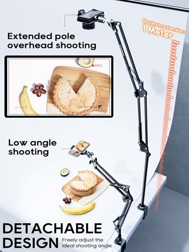 CACENCAN Overhead Camera Mount, 5lb Horizontal Load-Bearing, 360° Adjustable Stand for Desk, Flexible Arm Desk Mount, with Phone Clamp, Tabletop Mount for DSLR Camera/Webcam/Microphone（White - color: White