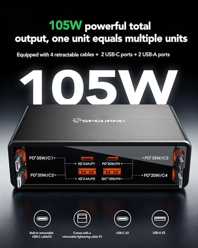 8-in-1 Retractable Charging Station for Multiple Devices, USB-C GaN Hub | 105W Retractable Charger, 4 Cables & 4 Ports, Clutter-Free Desk/Home, Travel-Ready, Fast Charge For iPhone/Galaxy/Pixel/iPad