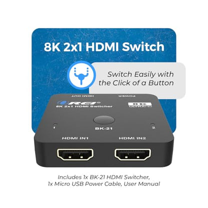 OREI 8K 2-Port HDMI 2.1 Switch, 8K@60Hz, 4K@120Hz, Auto and Manual Switch | hdmi switch 2 in 1 out, hdmi 2.1 switch 4k 120hz, 48Gbps, HDR10, Dolby Vision, PS5/Xbox, IR Remote - color: Jet Black