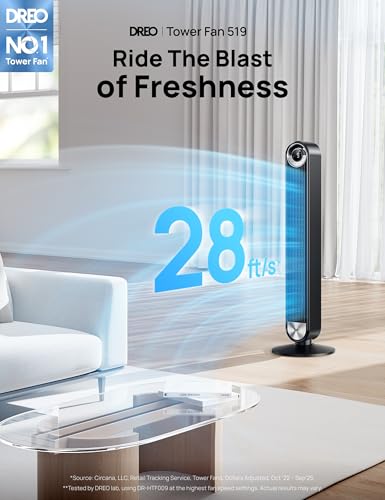 DREO Tower Fan for Bedroom, Upgraded DC 28ft/s Velocity, 20dB Quiet Fan | 9 Speeds Standing Fan, 90° Oscillating Cooling Fan, 4 Modes, 12H Timer, Bladeless Fan Powerful for Home, Black - color: Black