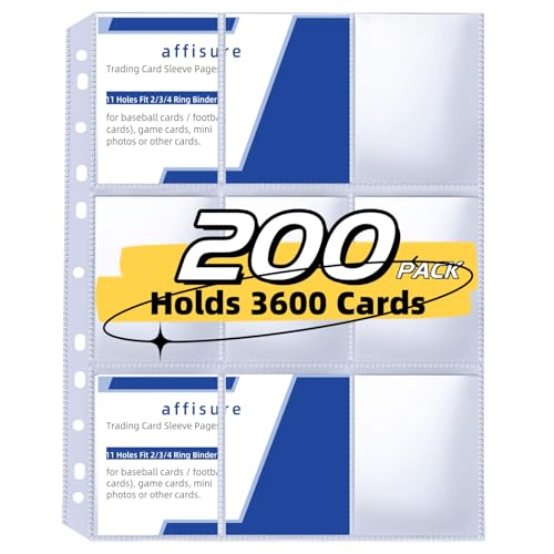200 Pack 9 Pocket Trading Card Binder Pages, Holds 3600 Cards, Thickened Binder Sleeves, 3 Ring 9 Pocket Sheets for Sports Cards, Coupons Cards - size: 200PACK