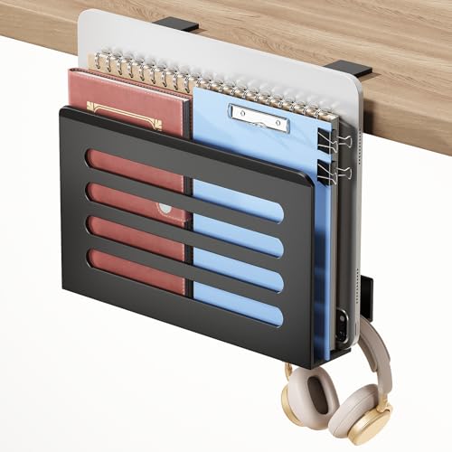 Space Saving Desk Side Storage No Drilling Under Desk Laptop Holder with Headphone Holder Cable Management Tray Carbon Steel Clamp Desk Storage Shelf Anti-Slip Magazine Holder for Home Office