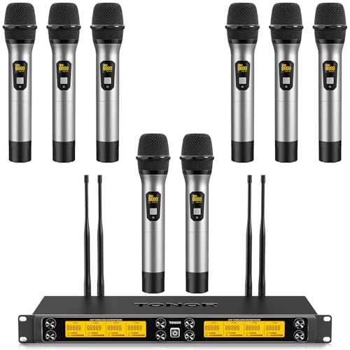 TONOR Wireless Microphones System, 8 * 12 Channel Metal Professional UHF Cordless Dynamic Handheld Mics with Receiver for Home Karaoke, Meeting, Party, Church, Wedding, KTV, 90 m/295ft, TW-880 Silver - style: 8 Mics