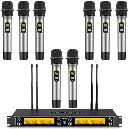TONOR Wireless Microphones System, 8 * 12 Channel Metal Professional UHF Cordless Dynamic Handheld Mics with Receiver for Home Karaoke, Meeting, Party, Church, Wedding, KTV, 90 m/295ft, TW-880 Silver - style: 8 Mics
