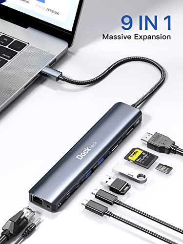 Dockteck 9-in-1 USB-C Hub: HDMI 4K@60Hz, Ethernet, 100W PD, Audio, 2x USB-A 5 Gbps, SD/TF Card Reader for MacBook, iPad, XPS, Microsoft - style: Pro Max series