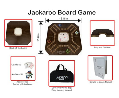 Jackaroo Board Game, 2-4 Player Marble Chase Board Game, Solid Wooden Game with 16 Glass Marbles and 52 Cards, Marble Strategy Game, Jokers and Marbles Game Foldable Board with Carry Bag (Walnut) - color: Walnut