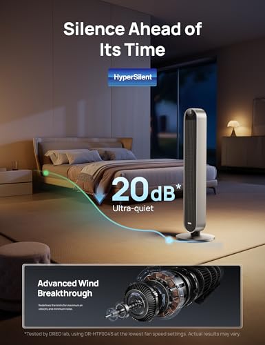 DREO Smart Tower Fan for Bedroom, 120° Oscillating Fan, 20dB Quiet DC Motor | 28ft/s Airflow, 12 Speeds, 4 Modes Bladeless Standing Fan, 12H Timer Cooling Fan for Home, Living Room, App & Alexa Control - color: Silver