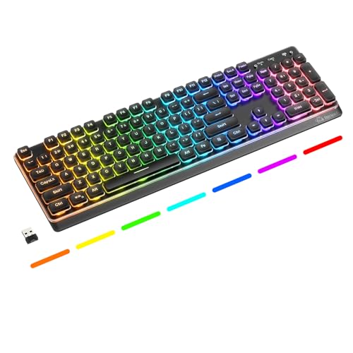 Free wolf M104 Wireless Gaming Keyboard with Numeric Keypad Tri-Mode(2.4Ghz/Wired/Bluetooth) Membrane Full Size Mechanical Feel Metal Panel RGB 4000MAH Rechargeable Quiet for PC/MAC/Win Gamer-Black - color: Black
