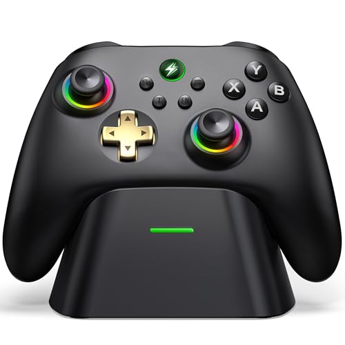Wireless PC Gaming Controller - Hall Effect Joystick - No Drift, 2.4G & Wired 1000Hz Polling Rate, Remappable Buttons, Turbo & Vibration, Bluetooth Gamepad for PC/Switch/iOS/Android with Charging Dock - color: Black