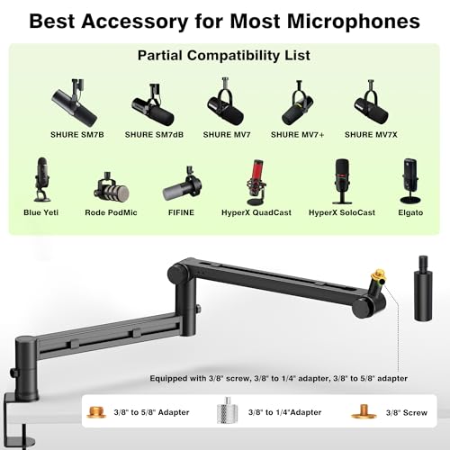 AA AUDIO ACCESSORY Mic Arm Desk Mount (Design for Heavy Mic) 6.6lbs Load Capacity, Stable Gear Lock Never Sags, Metal Low Profile Microphone Boom Stand for Shure SM7B SM7dB MV7, Blue Yeti, Rode PodMic - color: Black