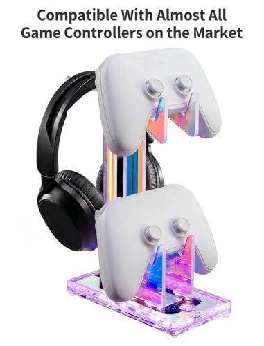 NiHome Controller Holder & Headphone Stand, LED Acrylic 2-Tier Gaming Desk | USB-Powered 7 Colors 3 Modes, Anti-Slip Headset Cable Management, Gamer Gift For PS5 Xbox - size: 2-Tier