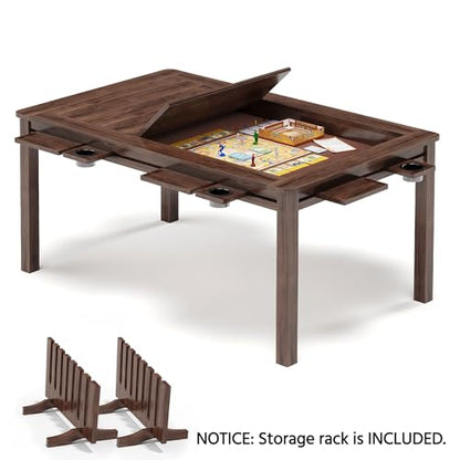 Board Game & Card Table for 6 Players with Removable Table Top, Gaming and Dining Table with Storage Rack, Detachable Cup Holders and Trays, for Card Game, DND and Poker, Walnut - size: With Storage Rack