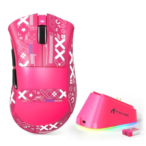 MAMBASNAKE Attack Shark V3 PRO 62g Superlight Wireless Gaming Mouse,RGB Charging Dock,BK52820 Tri-Mode BT/2.4G Wireless/Wired Mouse with Grip Tape,25000DPI,5 Programmable Buttons for Pc/Mac,Red PRO - color: Berry Red&Stickers