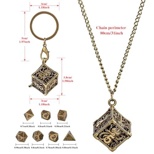 Keller & Weber Mini DND Dice Set with Hollow Six-Sided Octopus Metal Case Portable Keychain Necklace, Tiny 7pcs Polyhedral D&D Dice Set, DND Gifts with Gift Box, D&D Accessories for RPG, Bronze