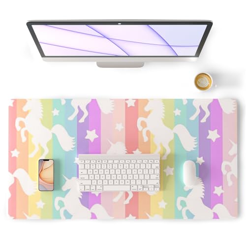 Colorful Star Pink Unicorn PU Leather Waterproof Desk Pad, 31.5" x 15.7" | Girls Women Cute Desk Mat, Rainbow Desk Accessories Kawaii Office Décor, Non-Slip Large Writing Mat for Kids - color: Rainbow Unicorn 01, size: 31.5" x 15.7"