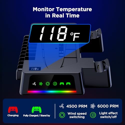 YOGES PS5 Cooling Station with Temperature Sensor, 2H Fast PS5 Dual Controller Charger Station, PS5 Stand Charging Station Accessories Cooler Fan for PlayStation 5