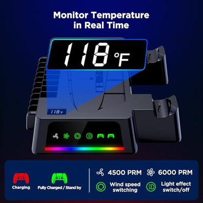 YOGES PS5 Cooling Station with Temperature Sensor, 2H Fast PS5 Dual Controller Charger Station, PS5 Stand Charging Station Accessories Cooler Fan for PlayStation 5