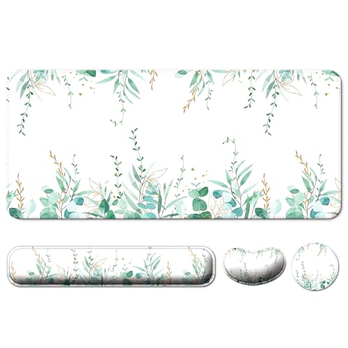 4 in 1 Mouse Pad and Keyboard Wrist Rest,Large Desk Mat,Coaster Set-Tree | Desk Matt For Desktop Wrist Rest Support XXL Gaming Cute Ergonomic for Computer Laptop Women Office Home Decor - color: B3-eucalyptus