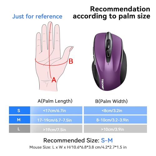 TECKNET Rechargeable Jiggler Wireless Mouse, Dual-Mode Connectivity, Purple | Silent USB A & Bluetooth Mouse, 6 Adjustable DPI, 6 Buttons, Ergonomic Design, Long Battery Life, Multi-Device Compatibility - color: Purple
