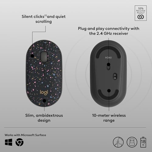 Logitech M340 Compact Ambidextrous Silent Wireless Mouse - Speckles | Silent clicks, with 2.4 GHz USB-A Nano Receiver, 3 non-customizable buttons, 18-months battery, Windows Mac Chrome compatible - color: Speckles