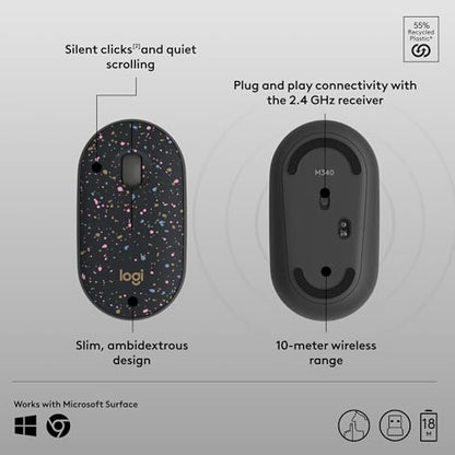 Logitech M340 Compact Ambidextrous Silent Wireless Mouse - Speckles | Silent clicks, with 2.4 GHz USB-A Nano Receiver, 3 non-customizable buttons, 18-months battery, Windows Mac Chrome compatible - color: Speckles