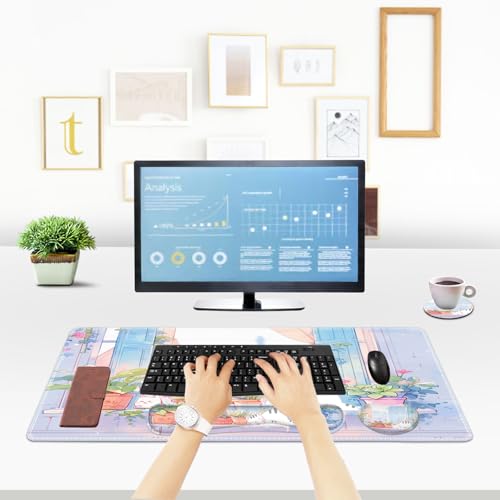 ToLuLu Extended Gaming Mouse Pad, Ergonomic Keyboard Mouse Wrist Rest Set | Large Desk Mat with Stitched Edges, Non-Slip Base Memory Foam Support Mousepad for Home Office and Game, Purple Cute Cat - color: Purple Cute Cat