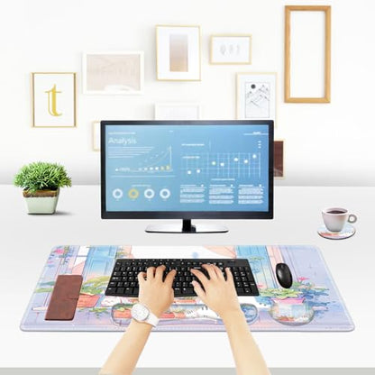 ToLuLu Extended Gaming Mouse Pad, Ergonomic Keyboard Mouse Wrist Rest Set | Large Desk Mat with Stitched Edges, Non-Slip Base Memory Foam Support Mousepad for Home Office and Game, Purple Cute Cat - color: Purple Cute Cat