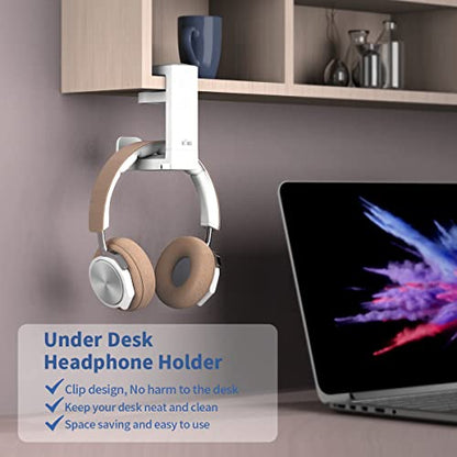 KIWIFOTOS Headphone Stand Holder Under Desk, PC Gaming Headset Hook Hanger Mount with 360 Adjustable Rotating Arm Clamp & Built in Cable Clip - White | Fits 0.4-1.6" desks, 2.4" headbands. 360° arm swivels. Built-in cable clip. Soft silicone pad. White. L