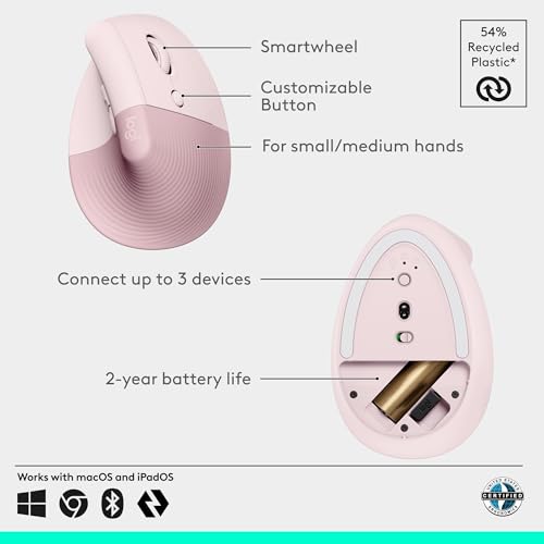 Logitech Lift Vertical Ergonomic Wireless Mouse - Rose | Connect via Bluetooth or included Logi Bolt USB-A receiver, quiet clicks, 4 of 6 buttons customizable, Windows Mac compatible - color: Rose, style: Right-Handed