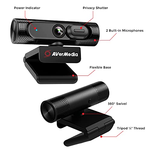 AVerMedia Live Streamer CAM 315, Webcam, 1080p/60fps Recording, Microphones, Fixed Focus, Wide Adjustable Field of View, Works with Skype, Zoom, Teams - Black - style: 1080p60fps fixed focus