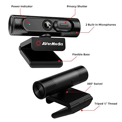AVerMedia Live Streamer CAM 315, Webcam, 1080p/60fps Recording, Microphones, Fixed Focus, Wide Adjustable Field of View, Works with Skype, Zoom, Teams - Black - style: 1080p60fps fixed focus