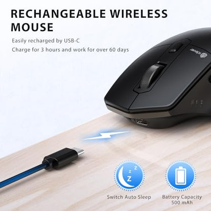 iClever Wireless Mouse, Dual-Mode (BT 5.1&2.4G) Bluetooth Mouse for Laptop | 3-Device Bluetooth & 2.4G Switching, Silent Click, Ergonomic, 5-Level DPI, USB-C Rechargeable for MacBook, Laptop, PC, Tablet - color: Black-Gold
