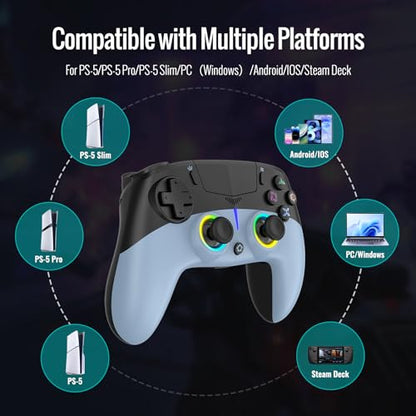 BETMI Wireless Controller for PS-5/Pro/Slim/PC (Black/Blue) | Hall Effect Joystick & Trigger/Macro/6-Axis Gyro Sensor/Dual Vibration/Built-in Speaker/3.5mm Audio Jack/RGB Light - color: Black/Blue