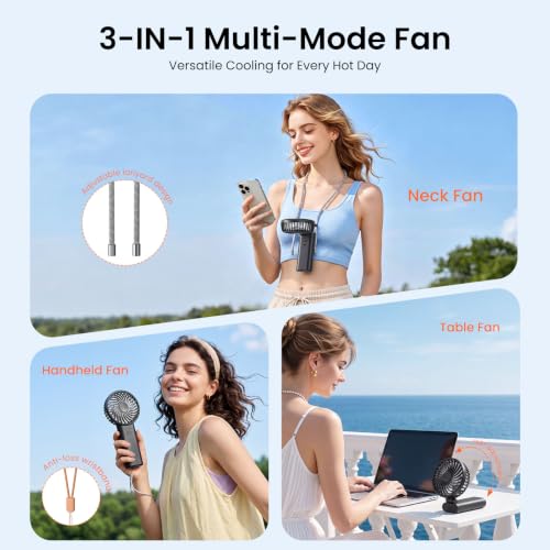 HandFan 2026 𝐔𝐩𝐠𝐫𝐚𝐝𝐞𝐝 Handheld Fan, Hands Free Necklace Fan with lanyard, 8000𝐦𝐀𝐡, 38 Hours Cooling Runtime,180° Foldable (Black) - color: Clear‑Blade Classic Black