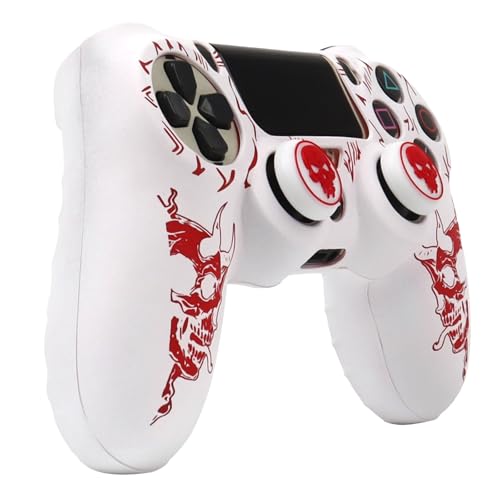 RALAN Horned Skull Head Design Controller Skin Cover with 2 Thumb Grips Compatible with PS4/Playstation 4 Slim/Pro Controller - color: Horned Skull White Red