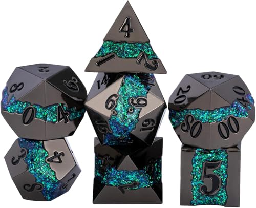 Metal Polyhedral Dice Set, 7PCS RPG Dice with Galaxy Glitter Resin Inlay for Dungeons and Dragons, Pathfinder Tabletop Role Playing Games - color: Black Nickel Dark Green